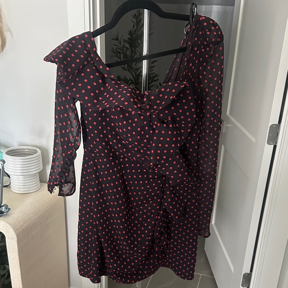 Self-Portrait Black Long-Sleeve Dress with Red Dot Print